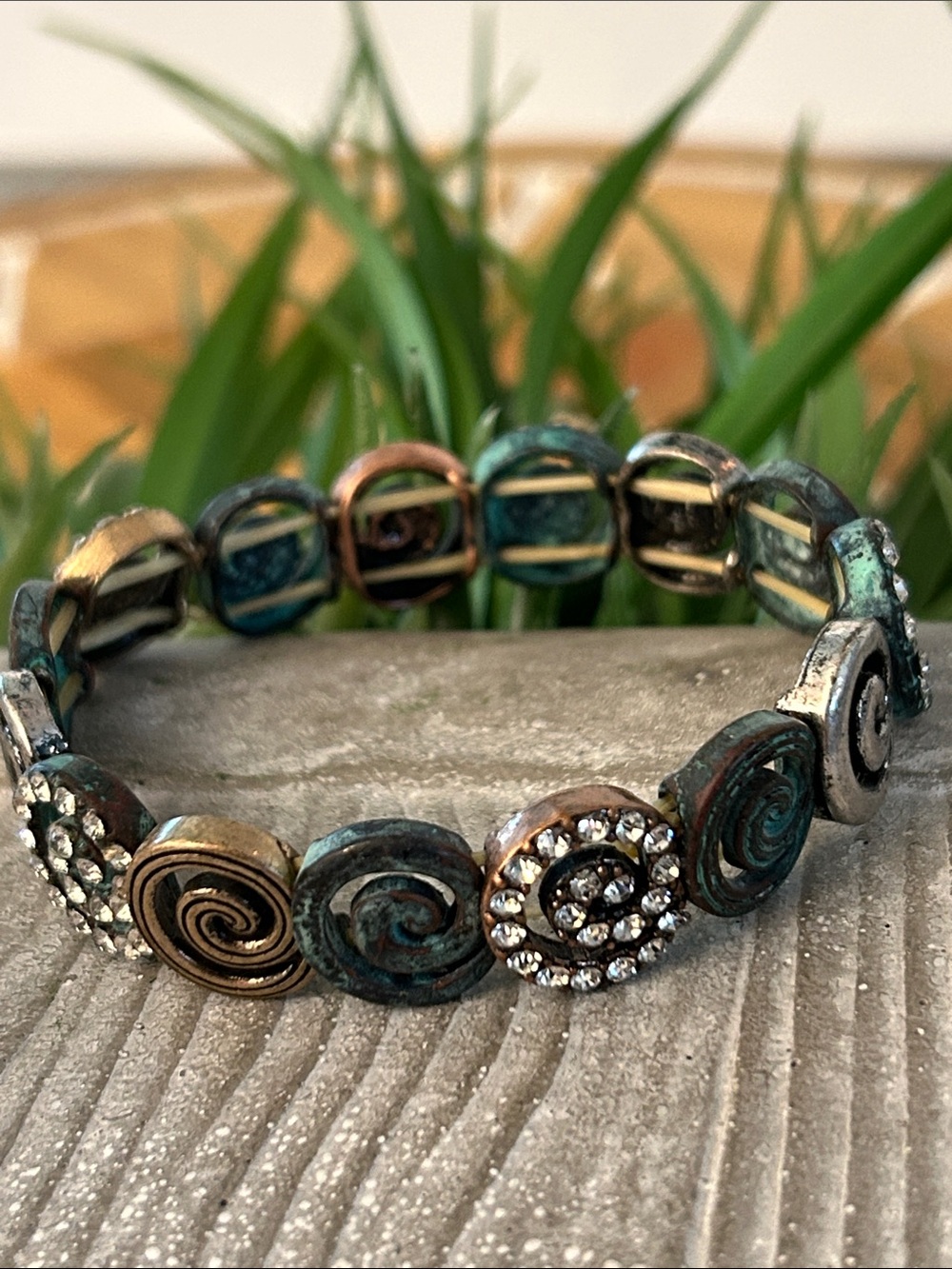 Spiral Crystal Accent Stretch Bracelet - Turquoise Patina, mixed metals